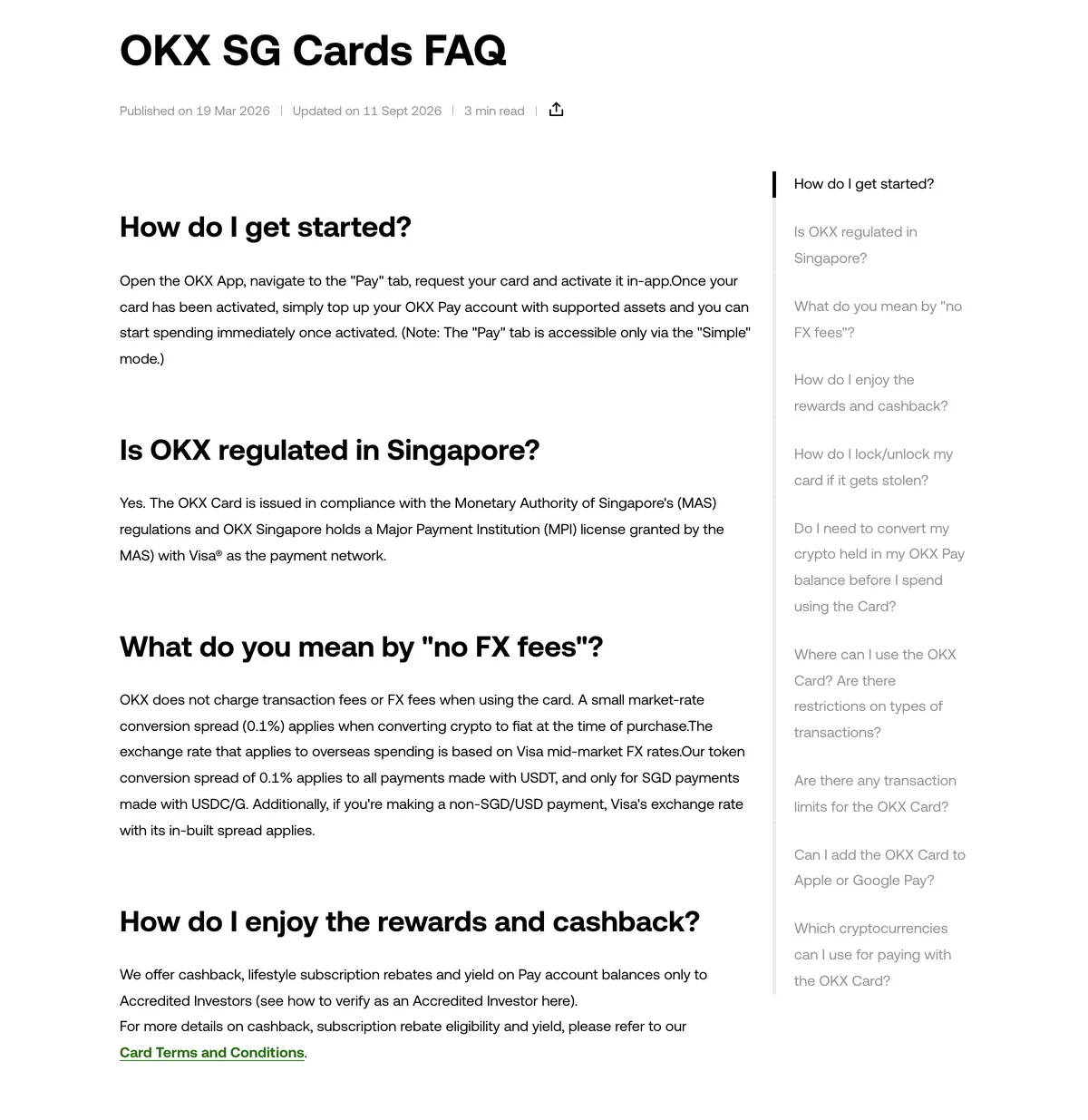 OKX SG Cards FAQ 页面截图，含监管说明与合格投资者一段